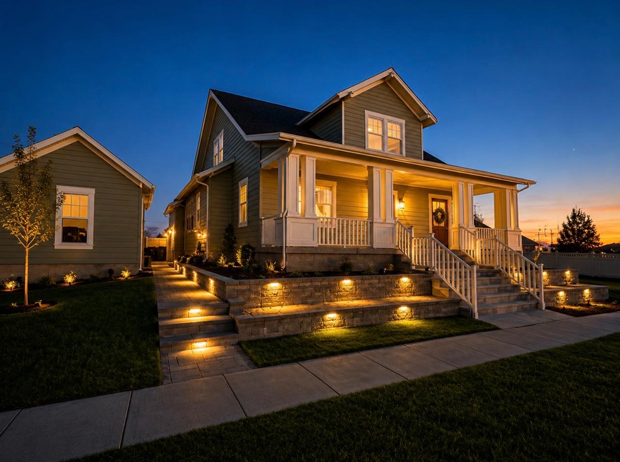 Craftsman style home exterior with professional low-voltage landscape night lighting, Northern Utah